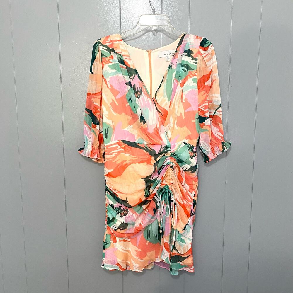 Adelyn Rae Coral Floral Metallic Stripe Chiffon Ruched Party Mini Dress M